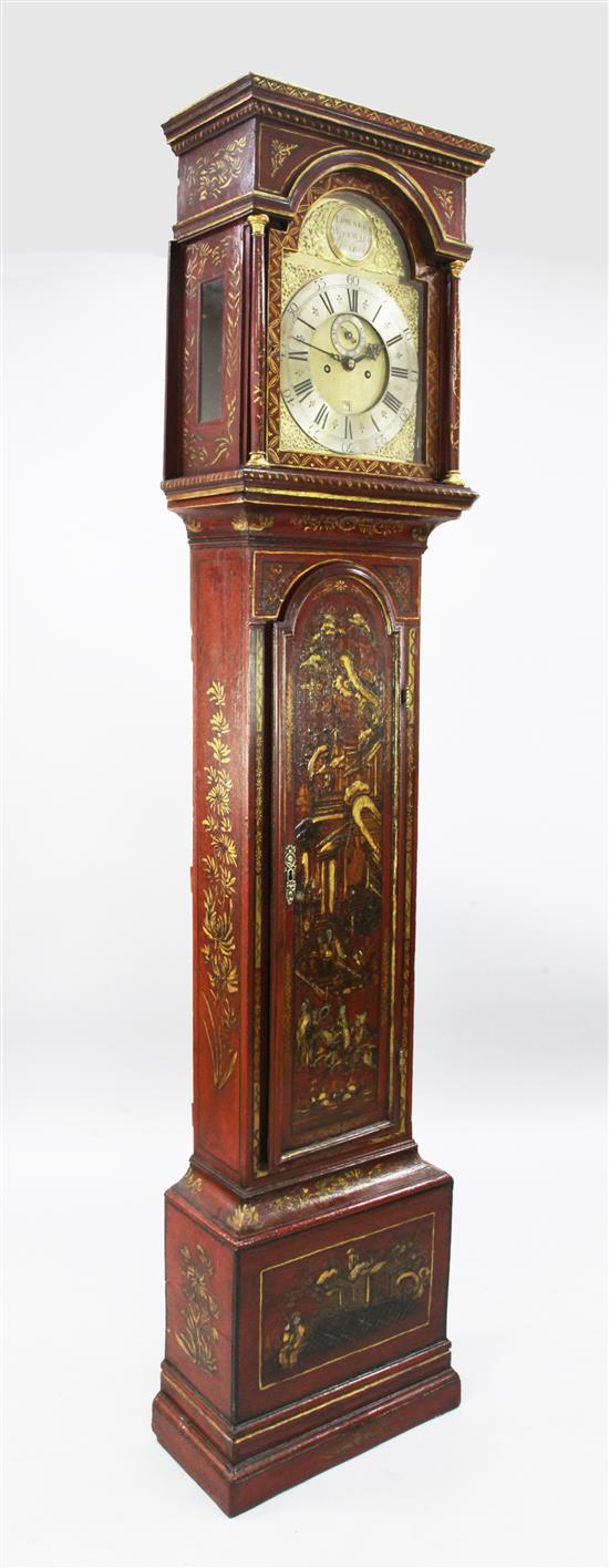 Edward Woodward of London. An early 18th century red chinoiserie lacquered eight day longcase clock, 7ft 3in.